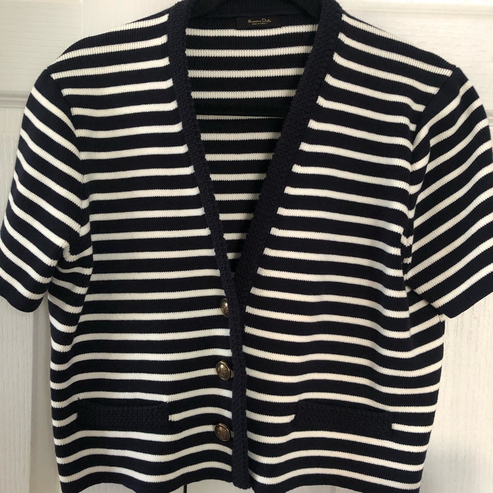 Massimo Dutti Navy and White Striped Knit Sweater